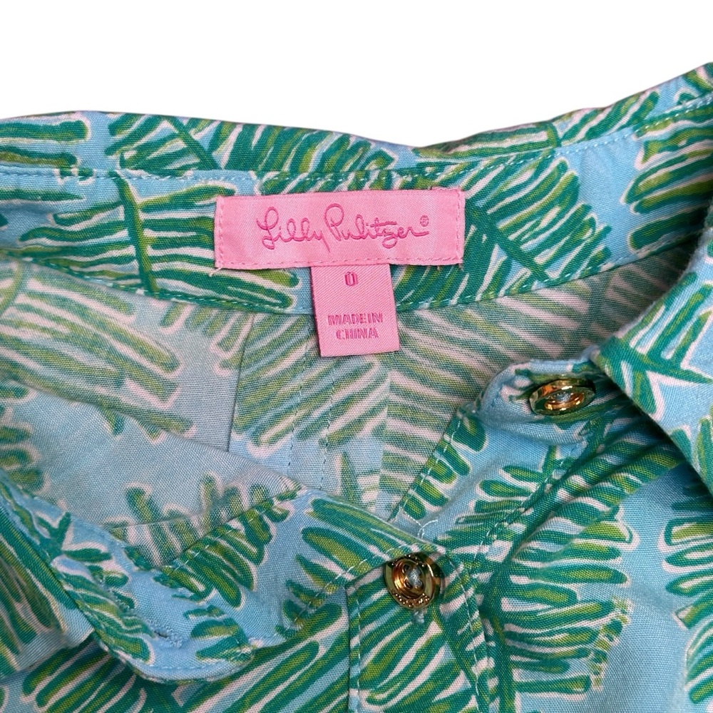 Lilly Pulitzer Shift Shirt Dress Tropical Leaf‎ Blue Green Rayon Size 0 - Picture 5 of 9